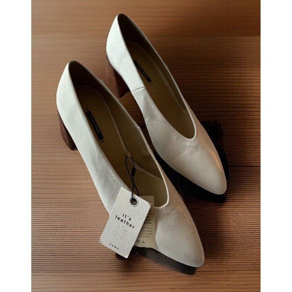Zara Womens Leather Block Heel Pointed Toe Pumps Size 40 White new - Picture 1 of 16